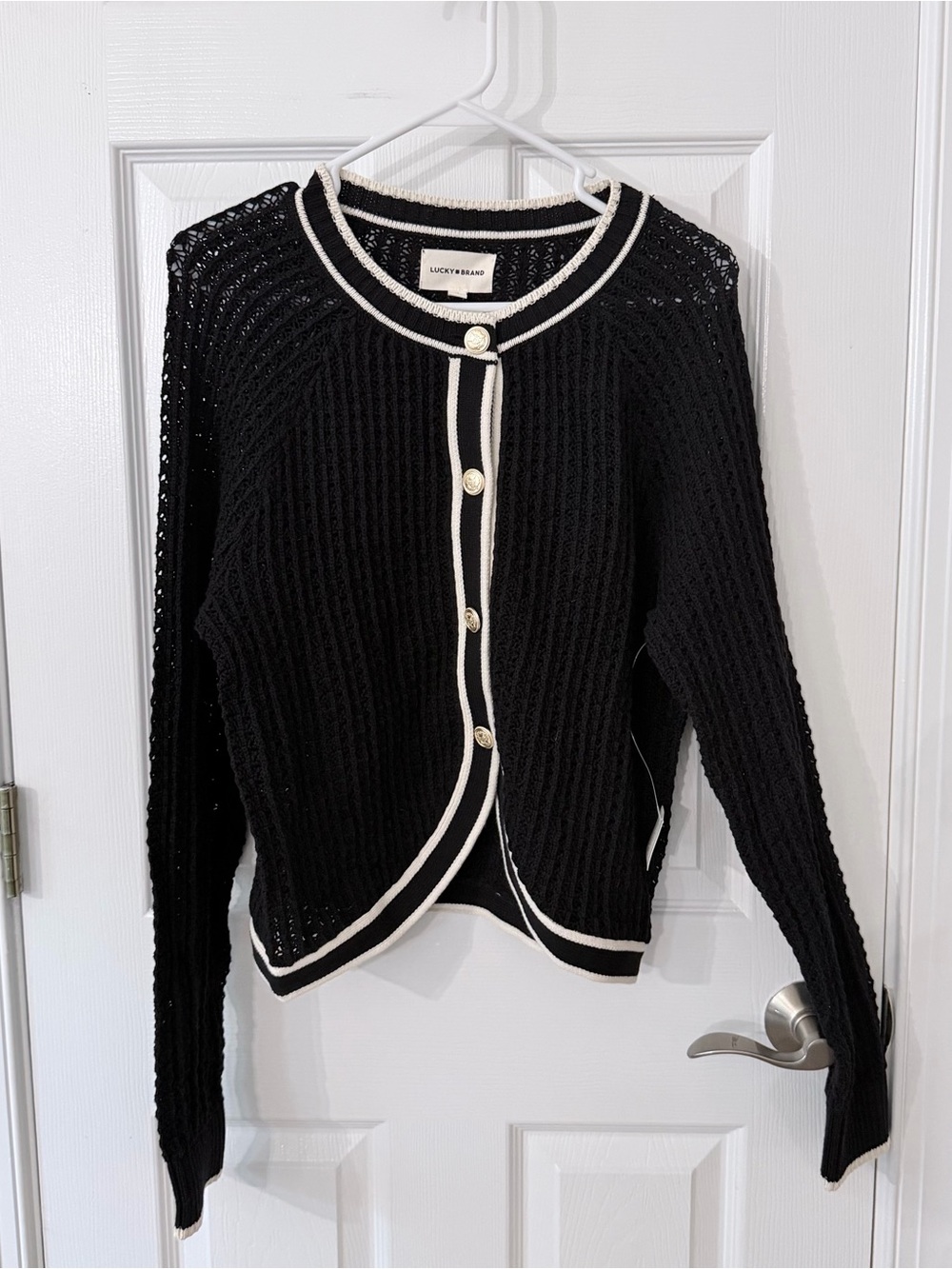 Lucky Brand Black Cardigan with Cream Trim and Gold Buttons